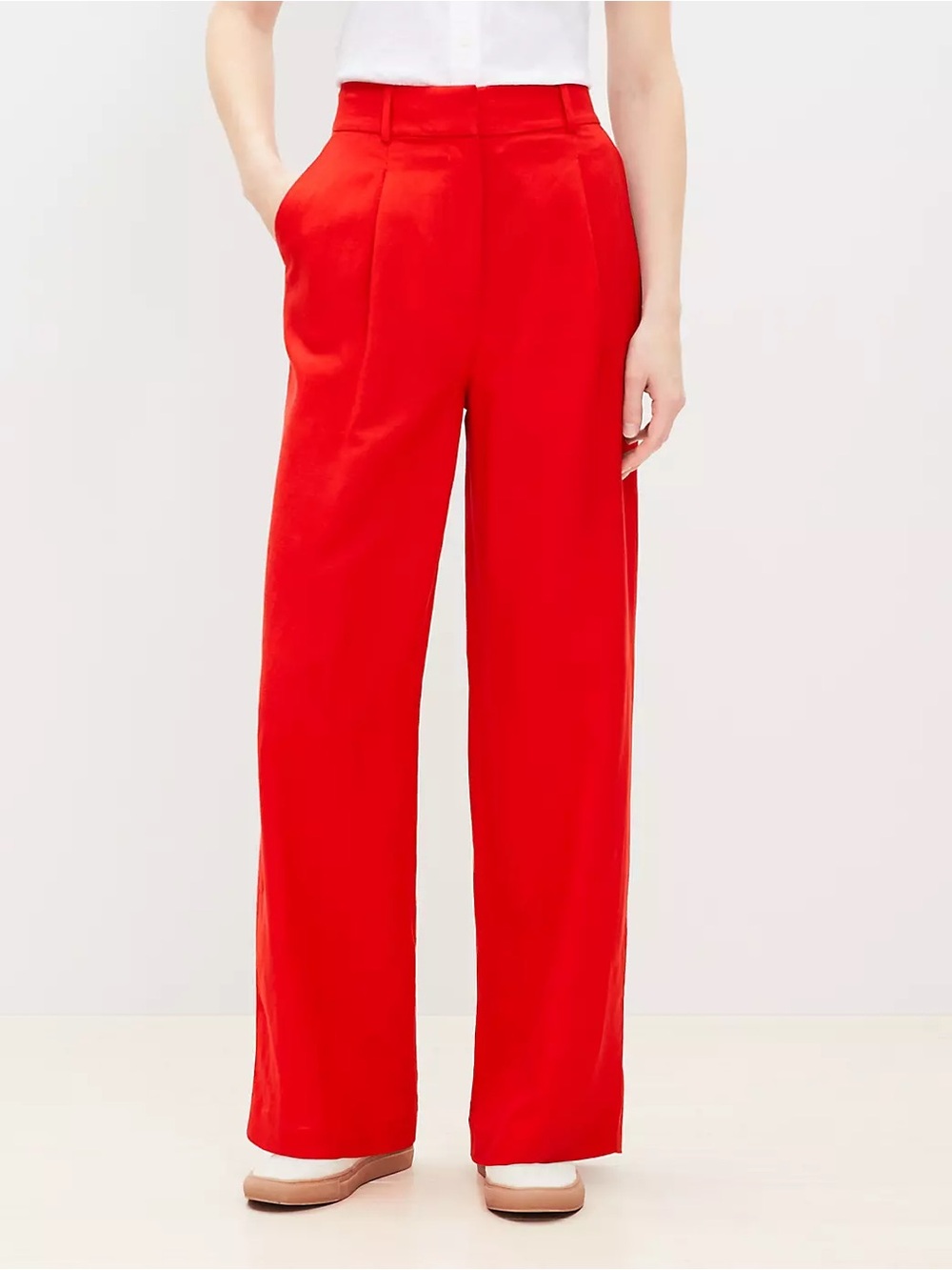 Loft Peyton Pleated Trouser Pants in Linen Blend Bright Red